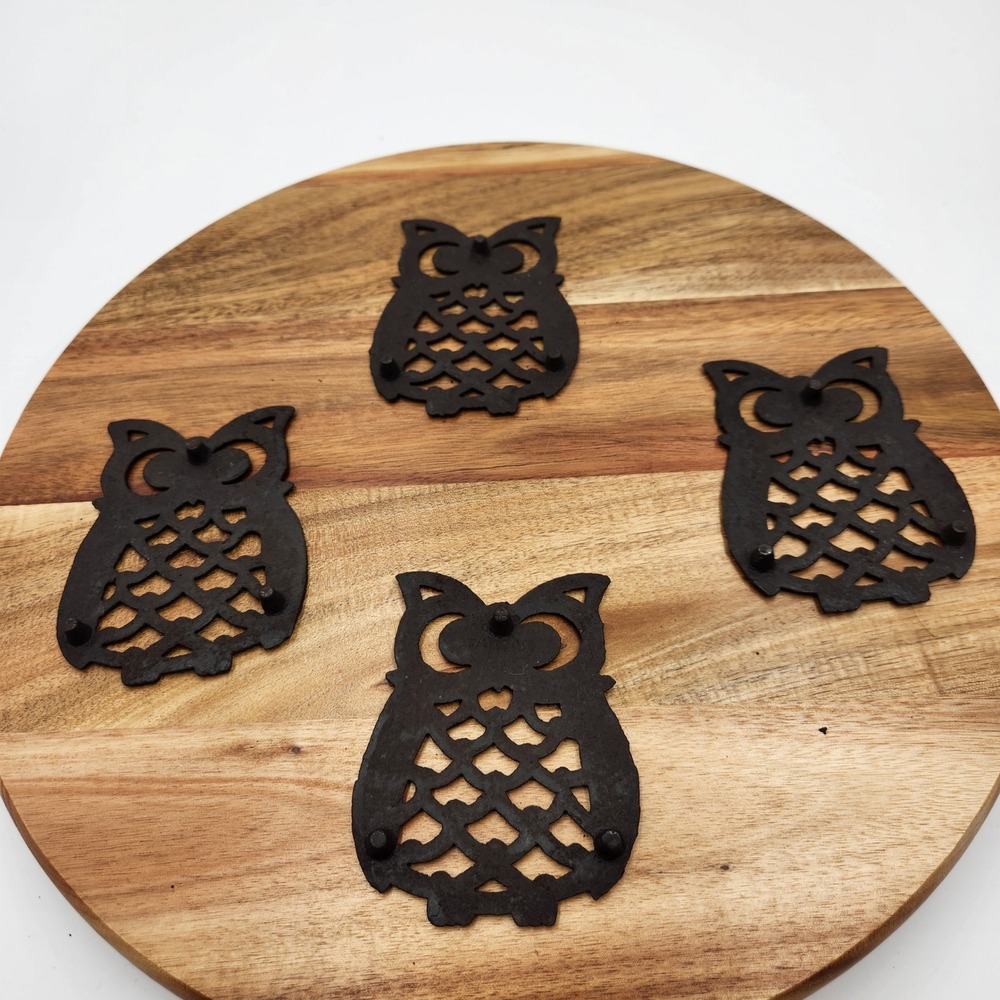 VTG Cast Iron Owl Trivet Set of 5 Rustic Kitchen Wall Decor MCM Witchy Cottage